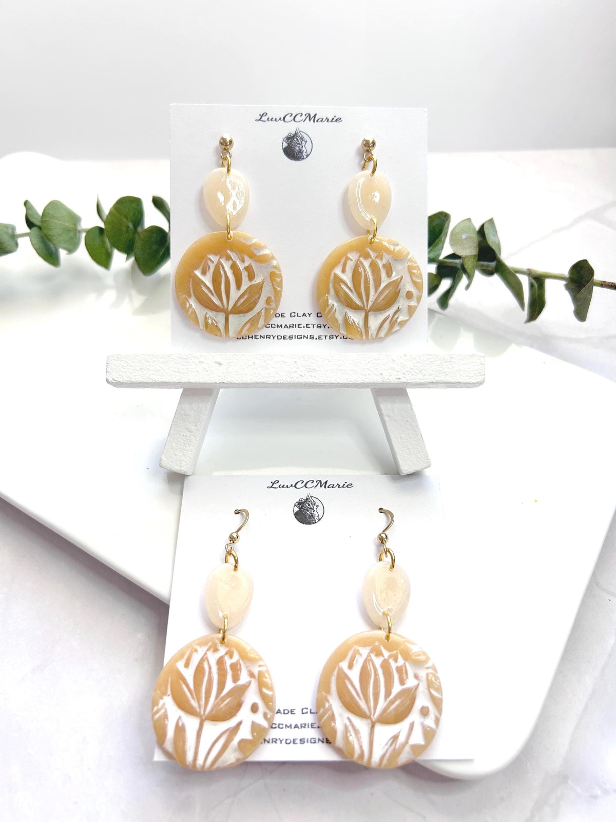 Tulip Earrings, Nude and White, Spring Floral Flower Dangles