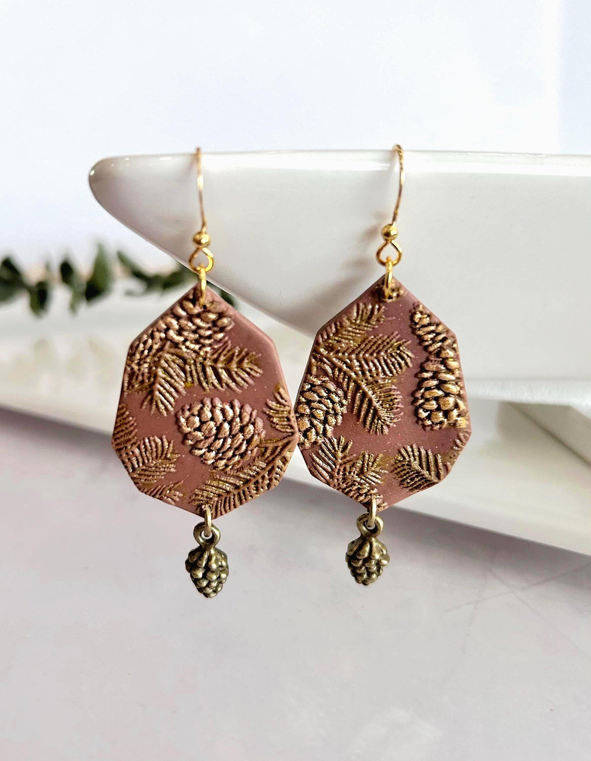Brown and Gold Fall Earrings, Pine Cone Handmade Dangles, Clay & Bronze, Autumn Jewelry Gift
