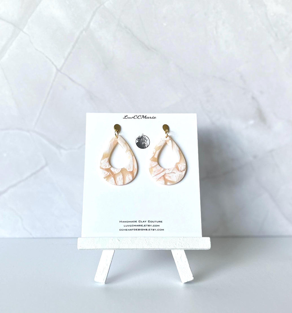Abstract Teardrop Hoop Earrings, Peach and White Clay Earrings, Handmade Boho Fashion Jewelry