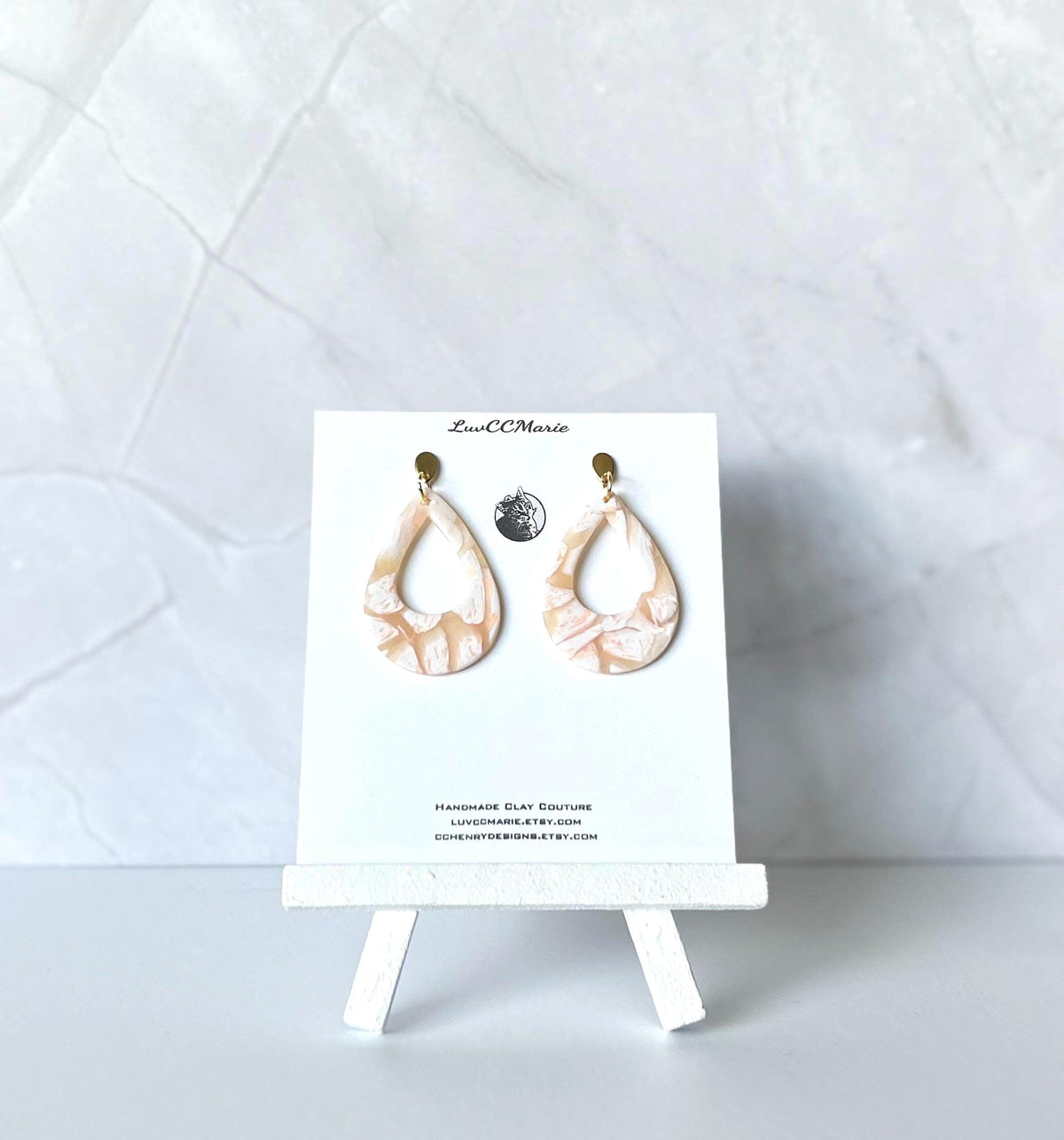 Abstract Teardrop Hoop Earrings, Peach and White Clay Earrings, Handmade Boho Fashion Jewelry