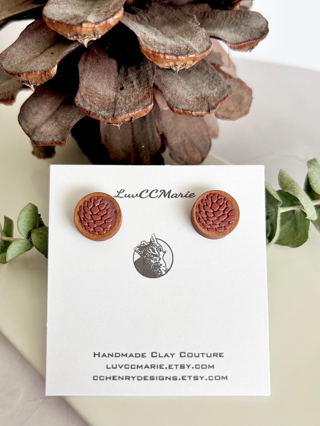 Handmade Pine Cone Stud Earrings: Wood & Clay Fall Boho Jewelry