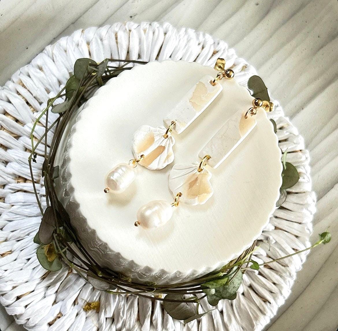 Seashell Earrings, Cream and White Clay Dangles, Coastal Beach Vacation Handmade Jewelry