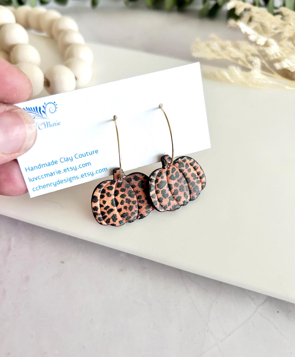 Leopard Print Pumpkin Earrings, Fall Hoop Dangles, Lightweight Handmade Clay Jewelry