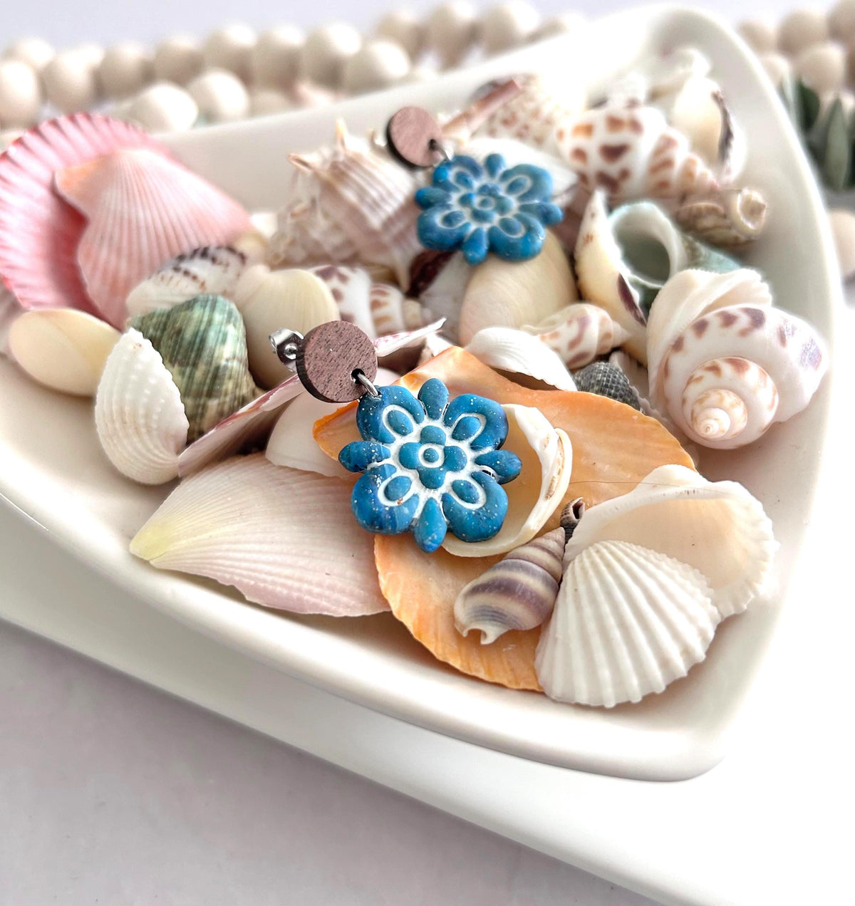 Teal & White Santorini Tile Clay Earrings, Boho Flower Mediterranean Dangles