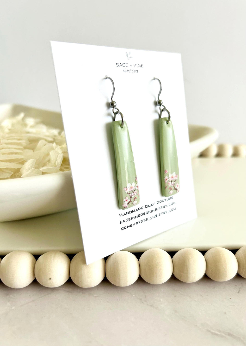 Sage Green Cherry Blossom Handmade Clay Dangle Earrings, Drop Dangles, Lightweight Jewelry