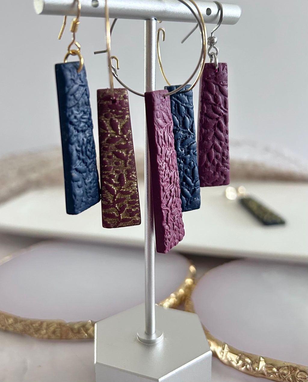 Gold & Burgundy Clay Earrings, Floral Vine Embossed Dangles, Handmade Fashion Boho Jewelry