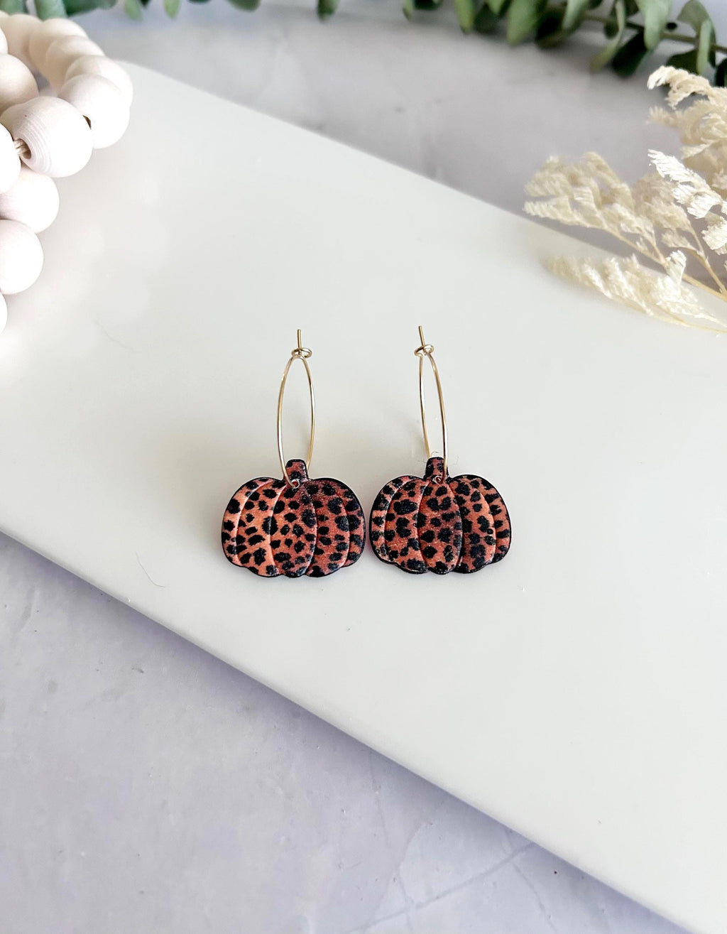 Leopard Print Pumpkin Earrings, Fall Hoop Dangles, Lightweight Handmade Clay Jewelry