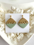 Sage & Latte Dangles, Clay and Glass Dangle Earrings, Neutral Hoops, Handmade Fashion Boho Jewelry