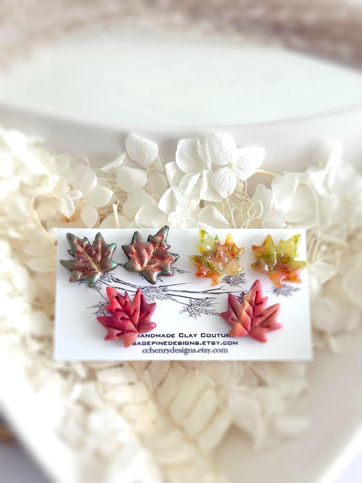 Fall Maple Leaf Stud Earrings, Multicolor Autumn Clay Studs, Handmade Boho Gift