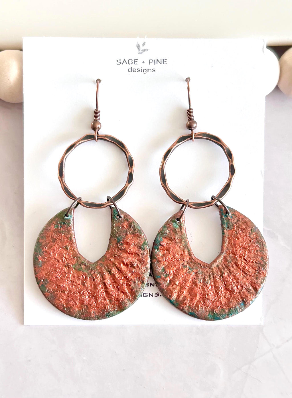 Copper Patina Clay Earrings, Abstract Hoop Drops, Green Statement Jewelry Gift