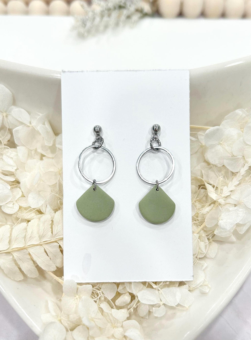 Handmade Sage Green Clay Earrings, Neutral Minimal Hoop Drop Dangles, Boho Jewelry Gift