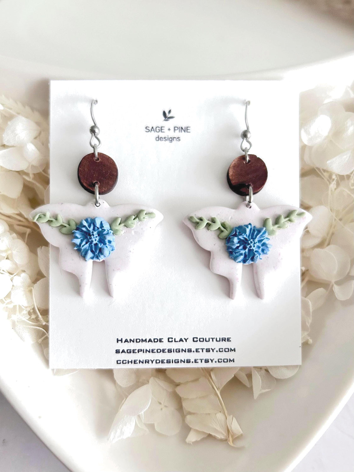 Handmade Clay Moth Earrings, Light Blue and White Floral Dangles, Pastel Wings, Wood Polymer