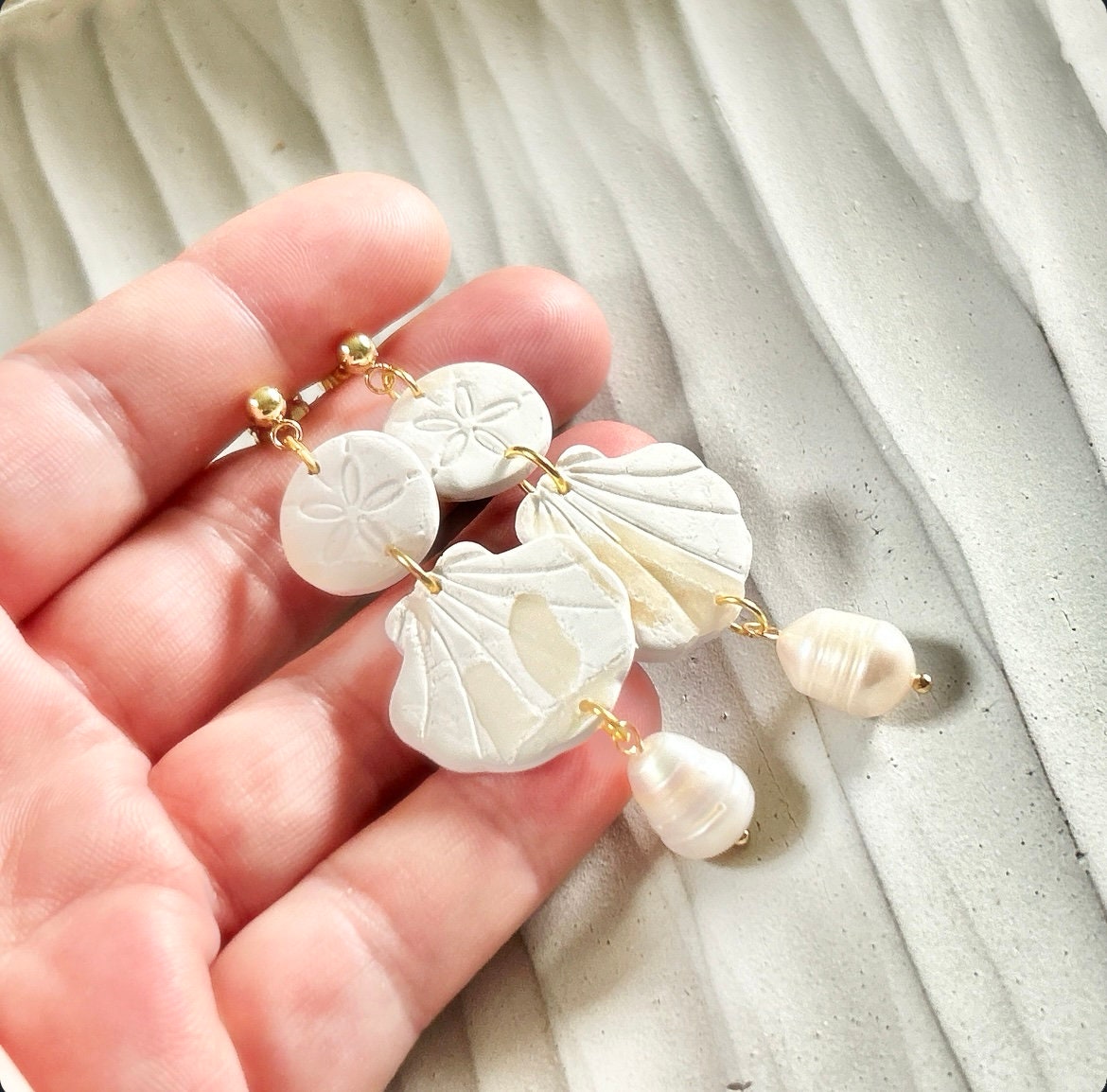 Seashell Earrings, Coastal Vacation Dangles, Beachy Sand Dollar Pearl Handmade Clay Jewelry Gift