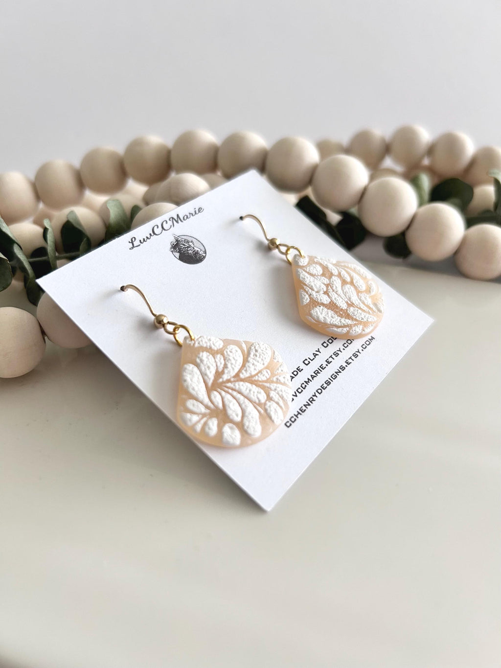 Nude and White Matisse Floral Dangle Earrings, Gold Lightweight Drop Dangles
