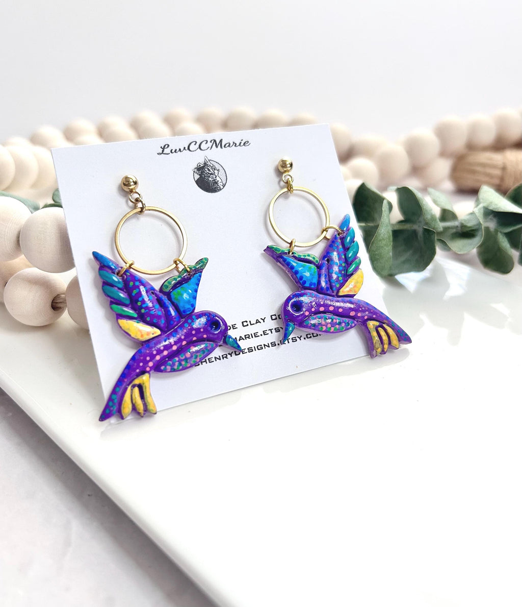 Painted Bird Earrings, Hummingbird Dangles, Purple Wings, Boho Hoops Clay Jewelry, Handmade Art