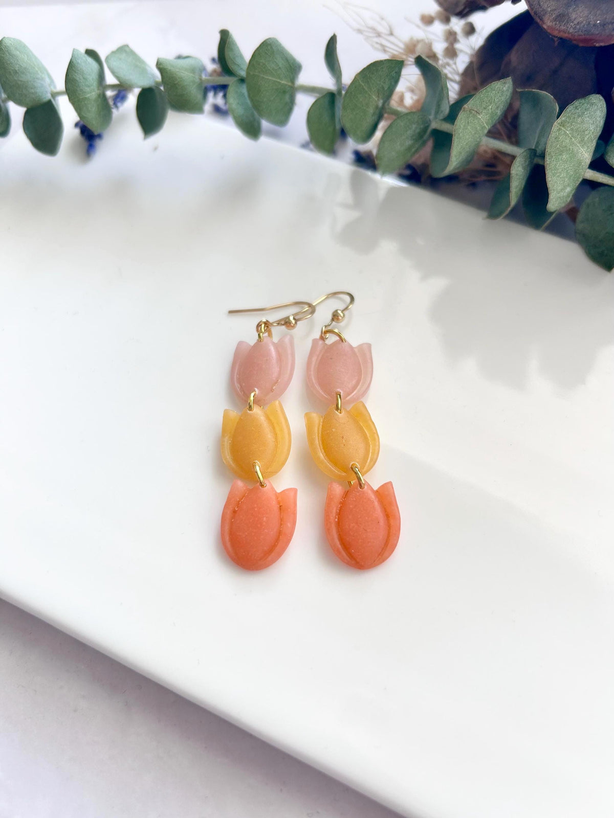 Multicolor Tulip Dangle Earrings, Long Dangly Pastel Clay Floral Boho Jewelry, Coral, Pink, Mustard