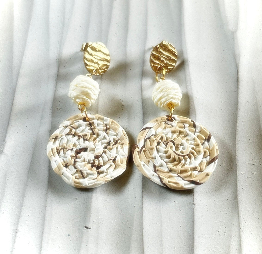 Handmade Clay Dangle Earrings, Raffia Dangles, Neutral Unique Boho Jewelry