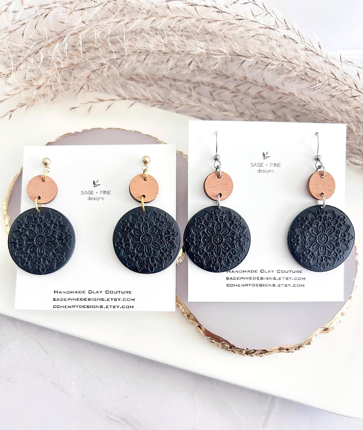 Matte Black Mandala Dangle Clay Earrings, Lightweight Wood Hypoallergenic Dangles, Modern Minimalist