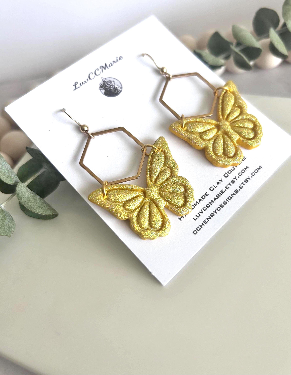 Hoop Butterfly Earrings, Sparkly Holographic Gold Monarch Dangles, Handmade Clay Unique Jewelry