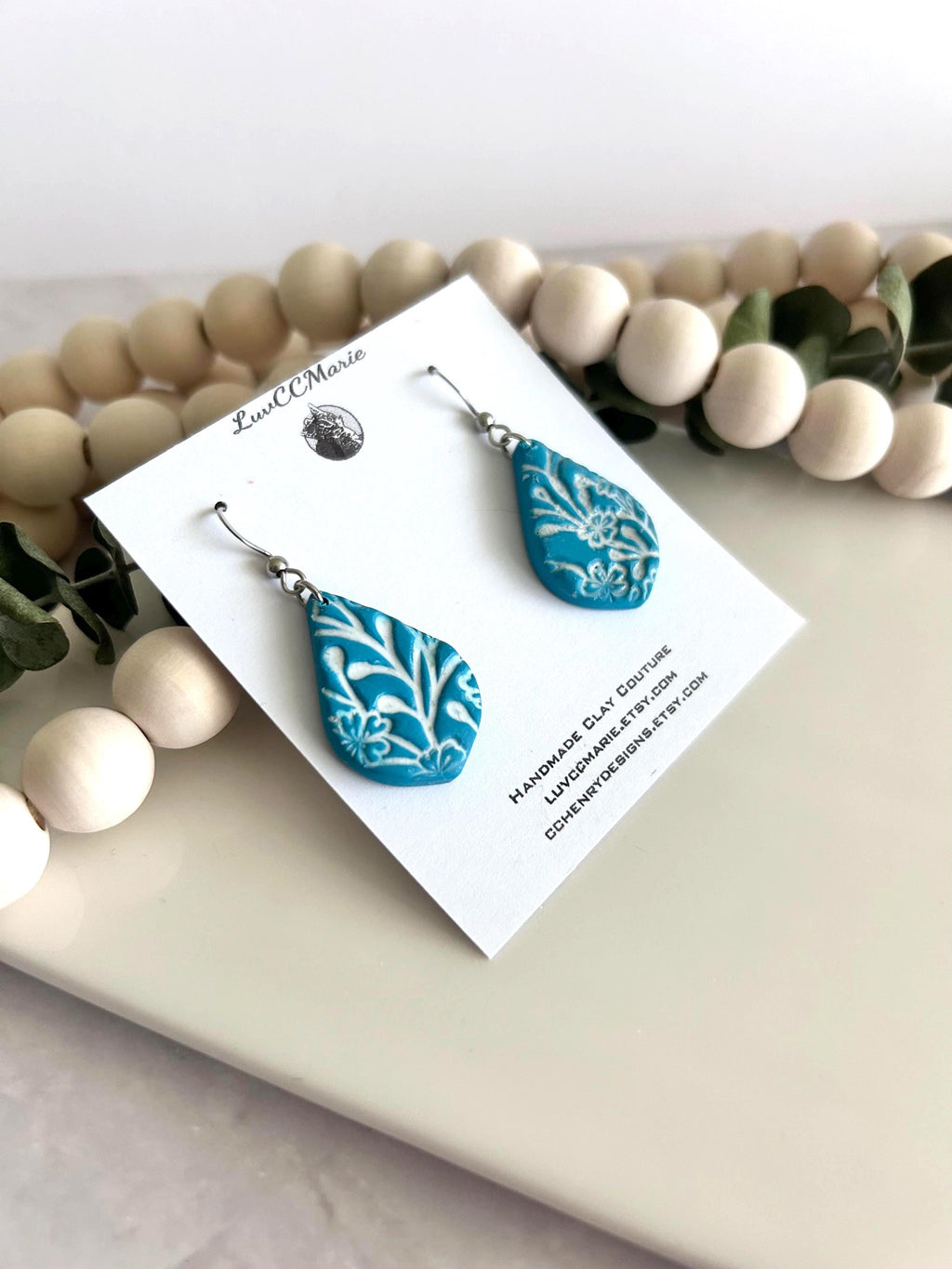 Teal Blue & White Dangle Earrings, Tile Clay Earrings, Boho Floral Dangles, Handmade Lightweight Jewelry