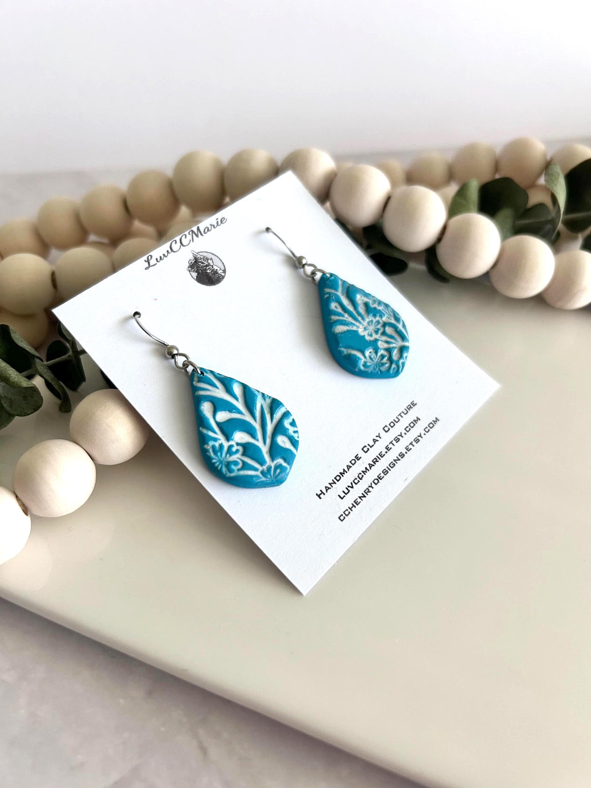 Teal Blue & White Dangle Earrings, Tile Clay Earrings, Boho Floral Dangles, Handmade Lightweight Jewelry