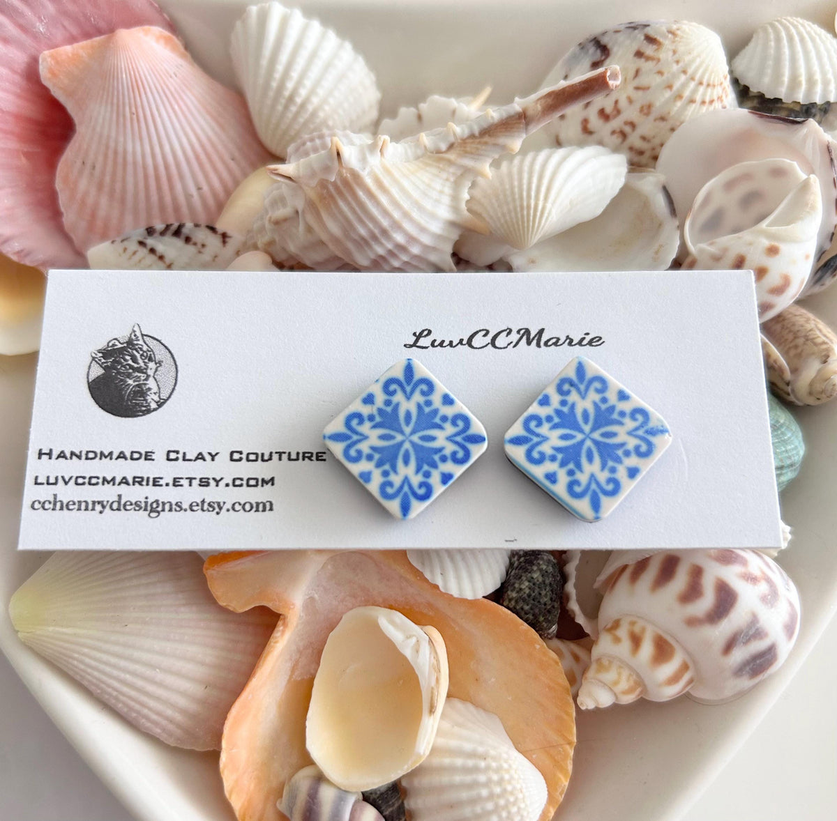 Handmade Santorini Tile Stud Earrings, Blue White Polymer Clay, Boho Jewelry