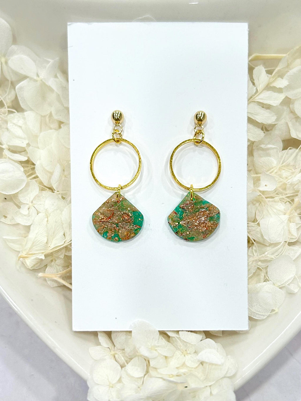 Emerald Green, Gold and Copper Clay Earrings, Handmade Boho Hoop Dangles, Jewelry Gift