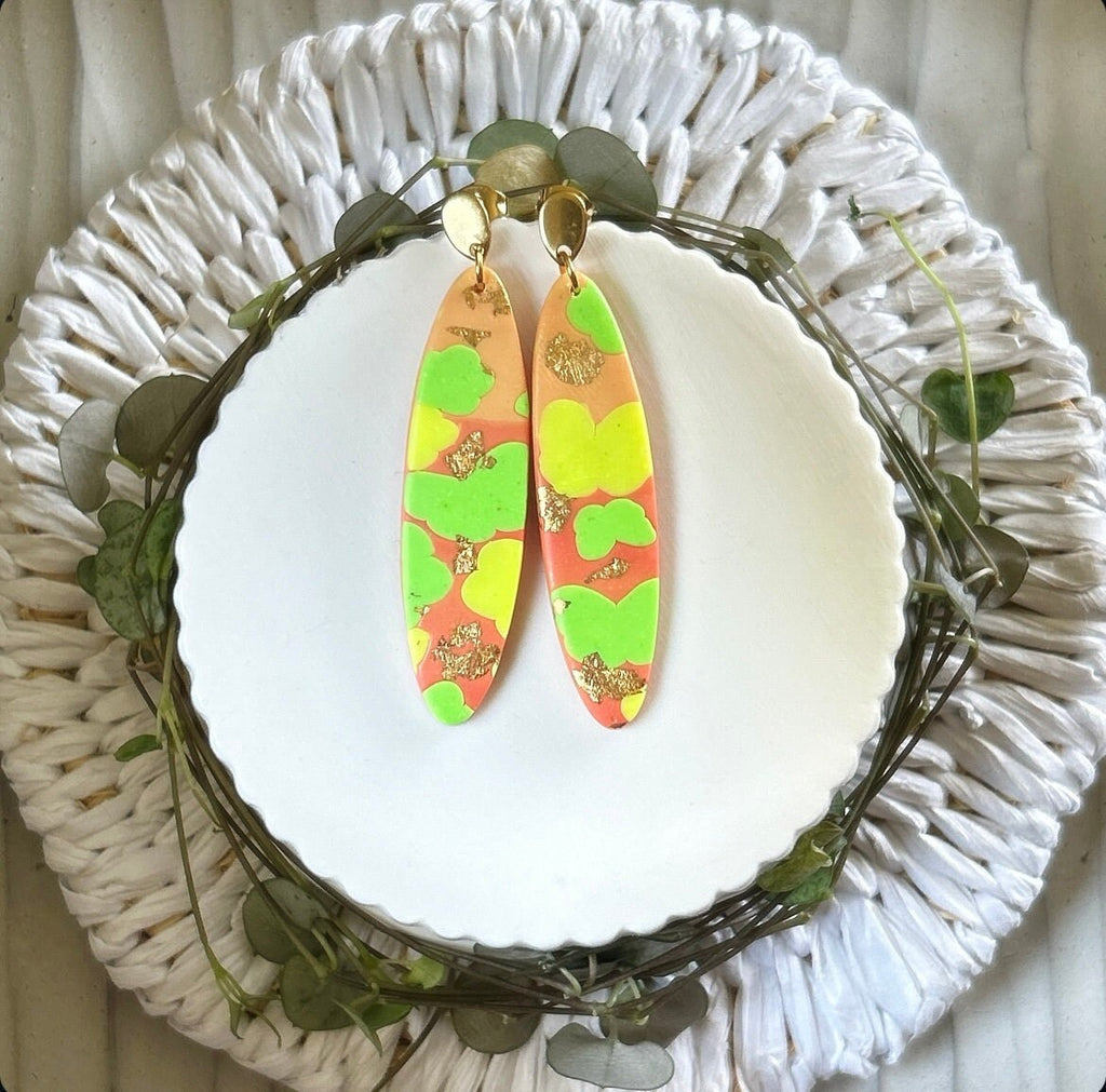 Neon Abstract Clay Earrings, Fluorescent Retro Surfboard Dangles, Handmade Colorful Boho Jewelry