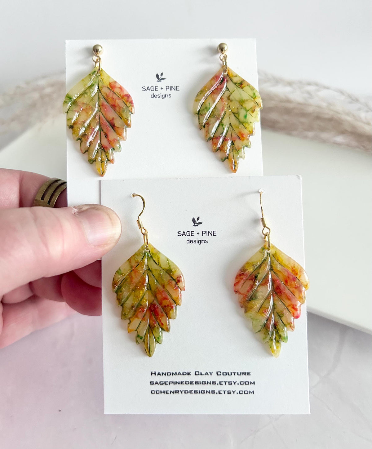 Multicolor Fall Leaf Earrings, 24k Gold Colorful Clay Dangles, Hypoallergenic Lightweight Boho Jewelry
