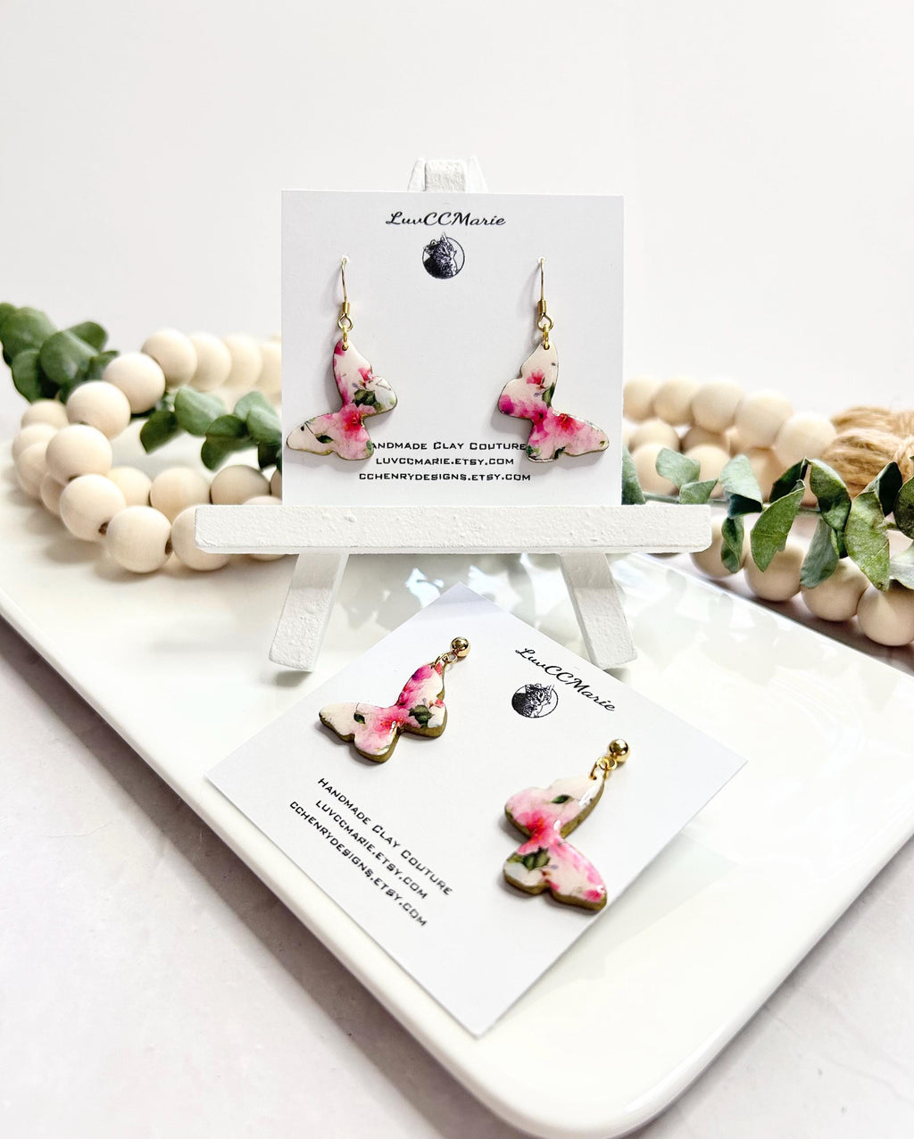White and Pink Butterfly Earrings, Dainty Dangles, Floral Drops, Handmade Clay Fashion Gift