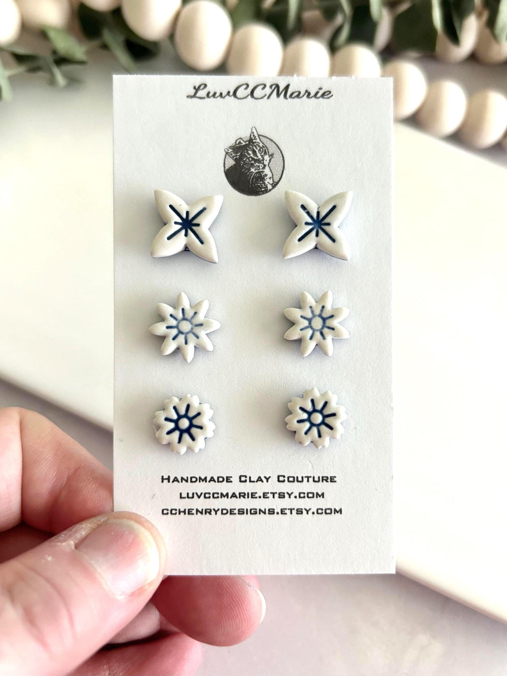 Blue and White Tile Stud Earrings Set, Small Studs, Unique Clay Hand Painted Gift