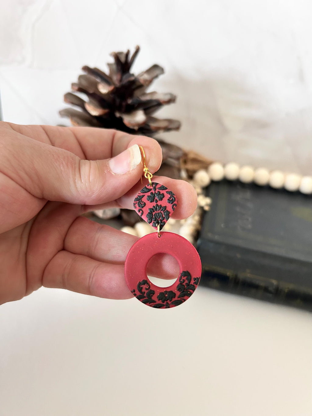 Red and Black Pearl Earrings, Elegant Dangles, Damask Floral Drops, Lightweight Clay Statement Jewelry