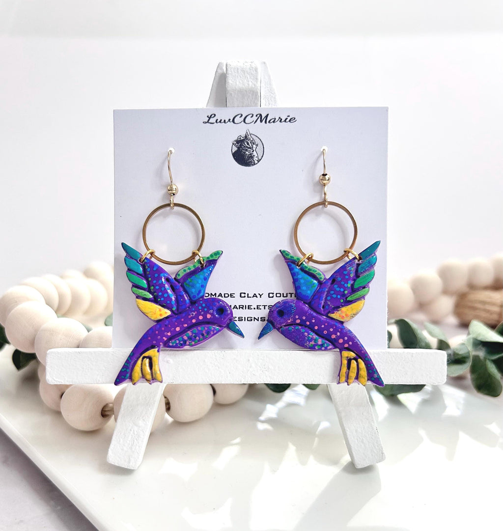 Painted Bird Earrings, Hummingbird Dangles, Purple Wings, Boho Hoops Clay Jewelry, Handmade Art