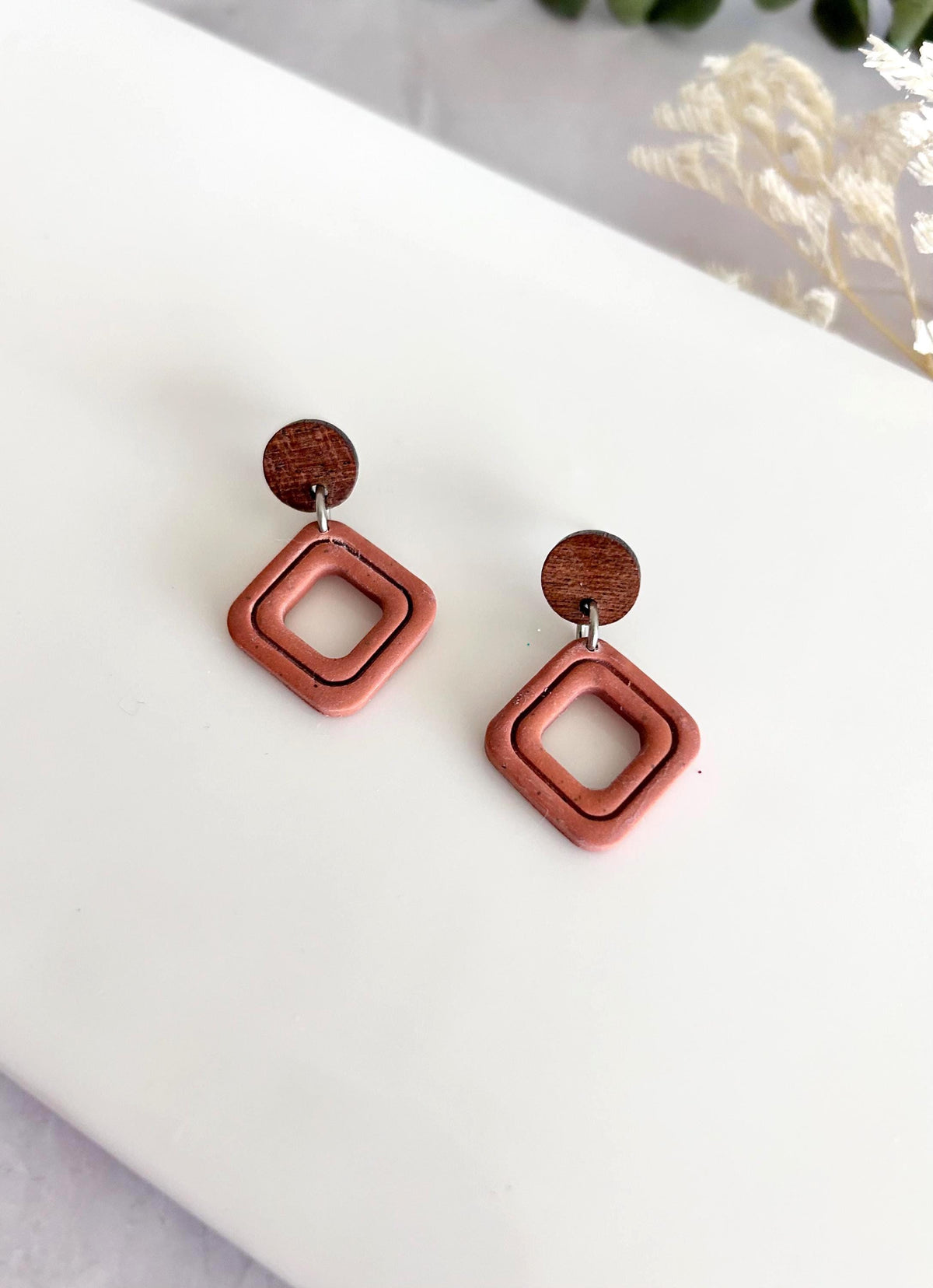 Terracotta Drop Earrings, Geometric Clay & Wood Handmade Fashion Boho Jewelry