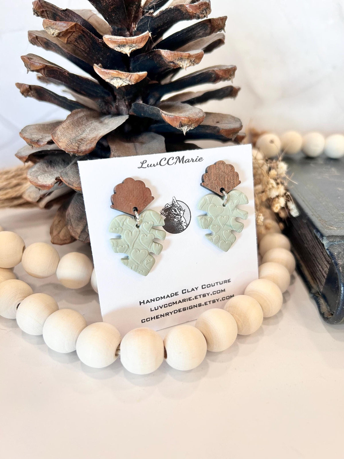 Handmade Sage Green Monstera Heart Clay Earrings, Walnut Studs, Boho Jewelry