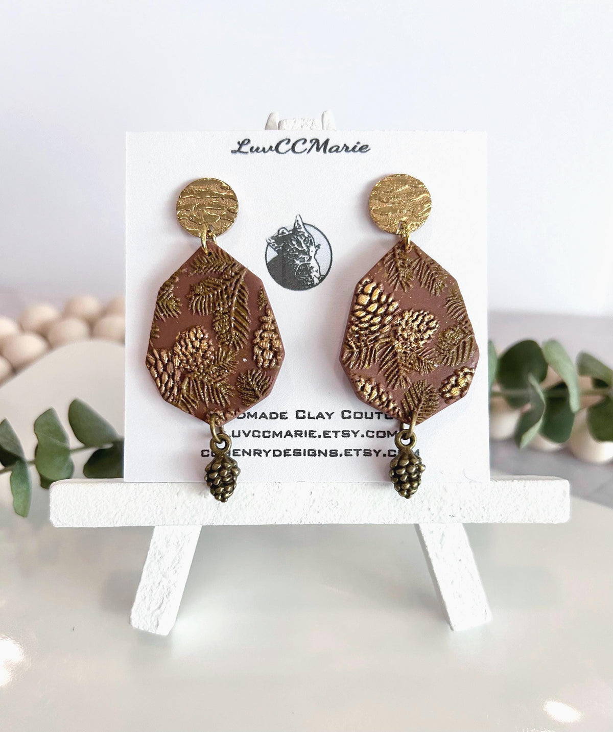 Brown and Gold Fall Earrings, Pine Cone Handmade Dangles, Clay & Bronze, Autumn Jewelry Gift