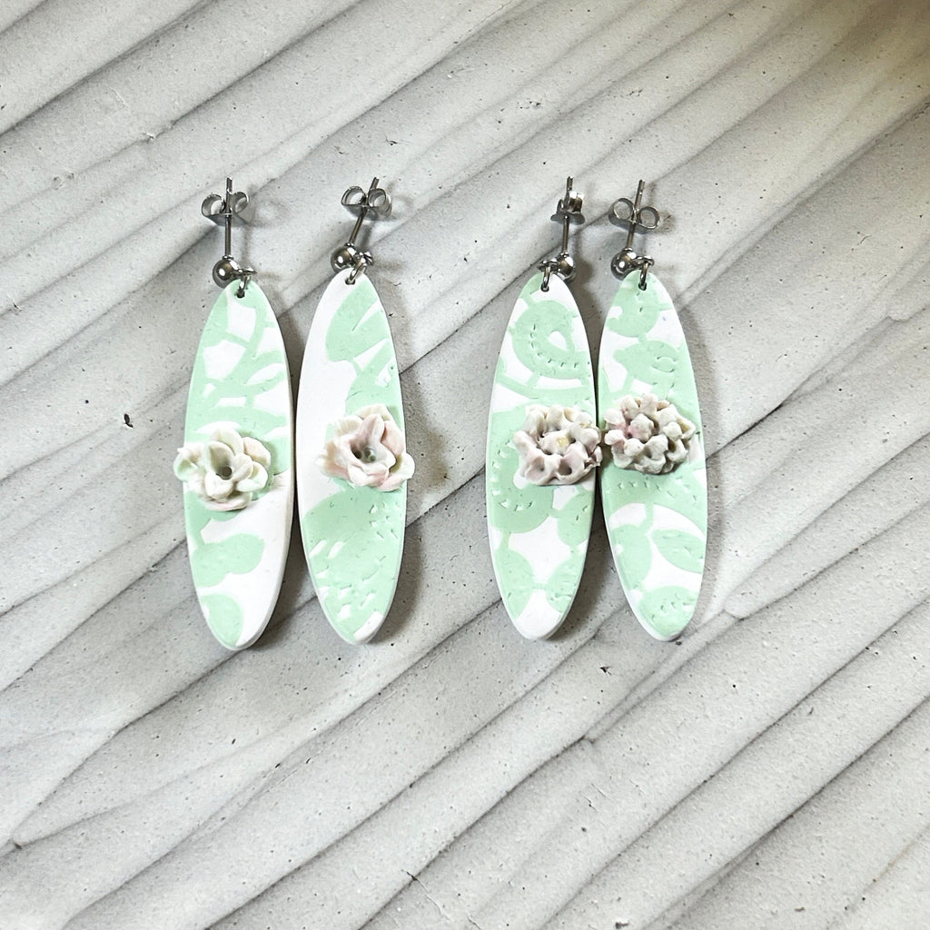 Mint Green Succulent Clay Earrings: Boho Surfboard Dangles