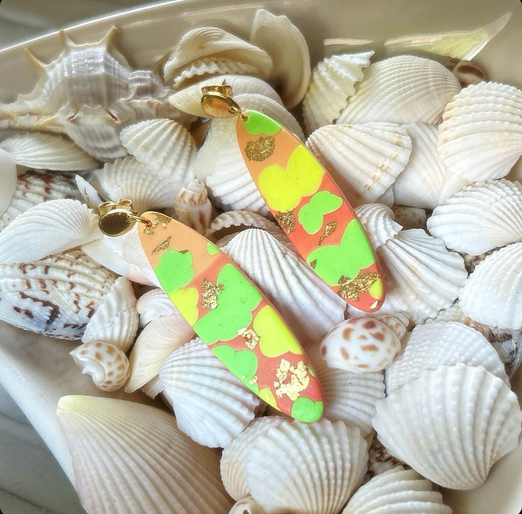 Neon Abstract Clay Earrings, Fluorescent Retro Surfboard Dangles, Handmade Colorful Boho Jewelry