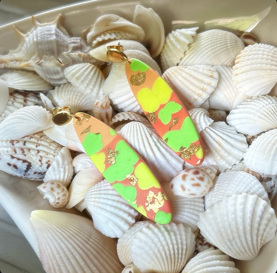 Neon Abstract Clay Earrings, Fluorescent Retro Surfboard Dangles, Handmade Colorful Boho Jewelry