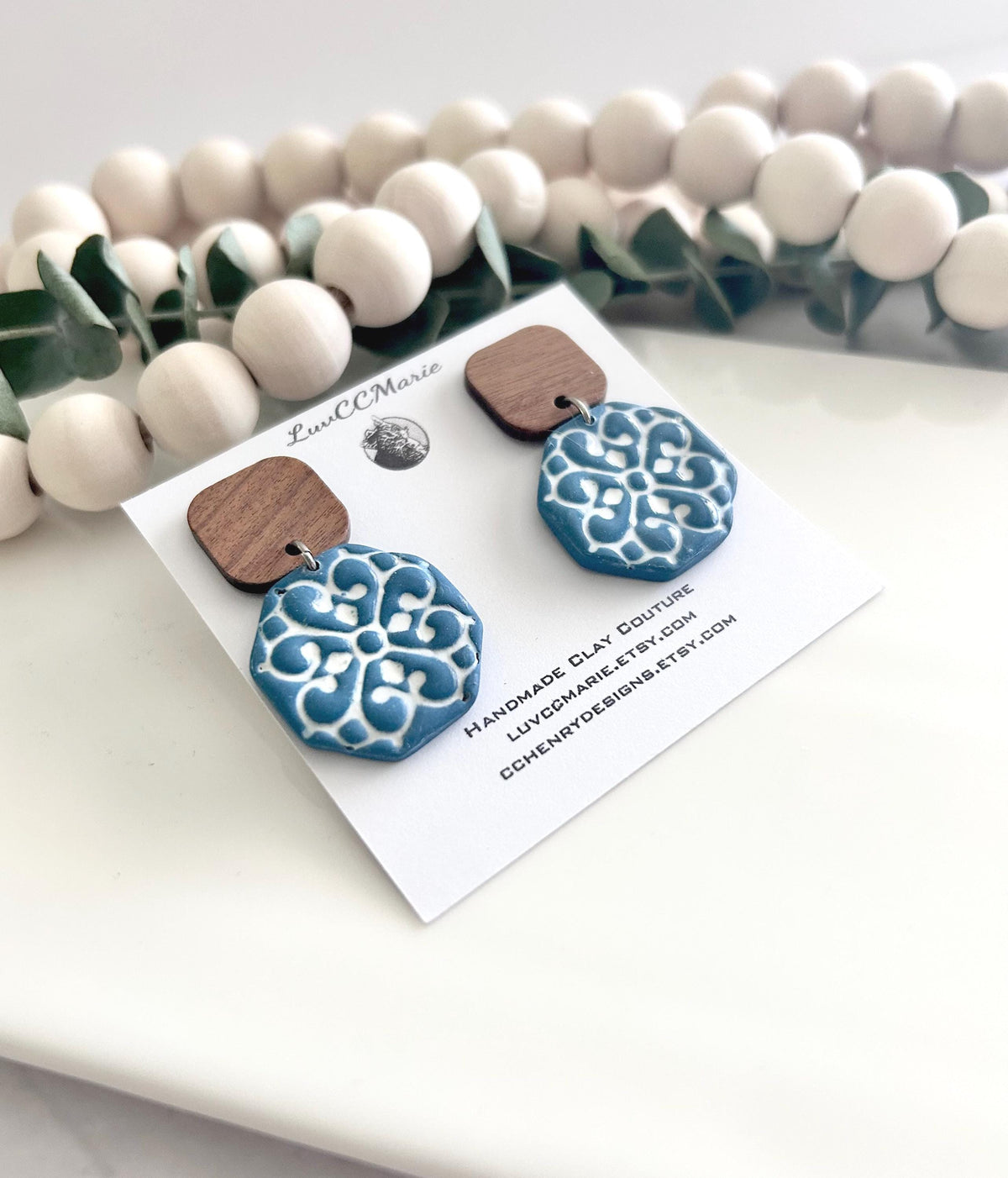 Teal & White Hexagon Santorini Tile Clay and Wood Earrings, Mediterranean Dangles