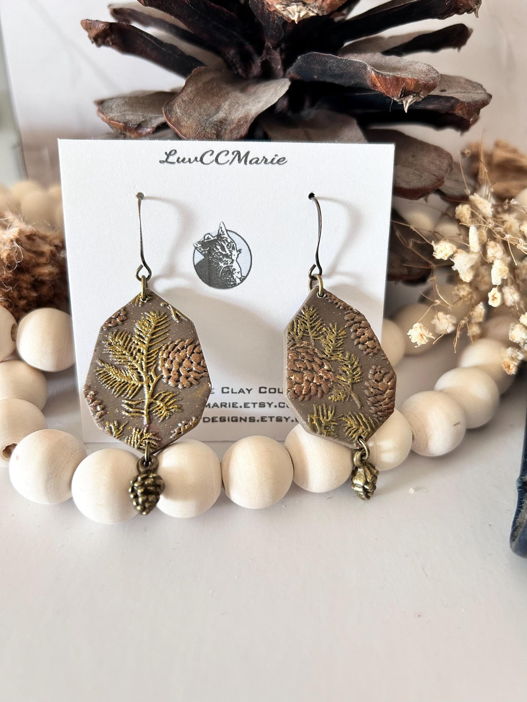 Handmade Pinecone Dangle Earrings: Clay & Bronze Boho Jewelry