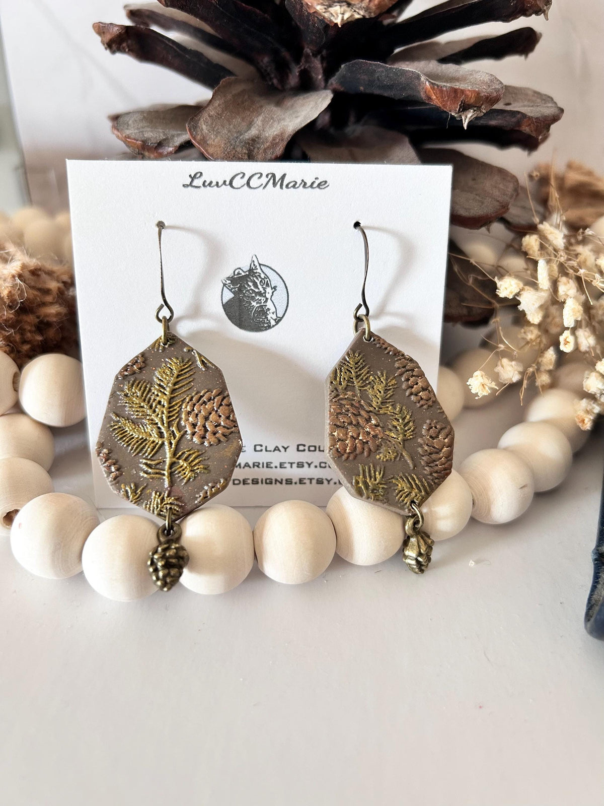 Handmade Pinecone Dangle Earrings: Clay & Bronze Boho Jewelry