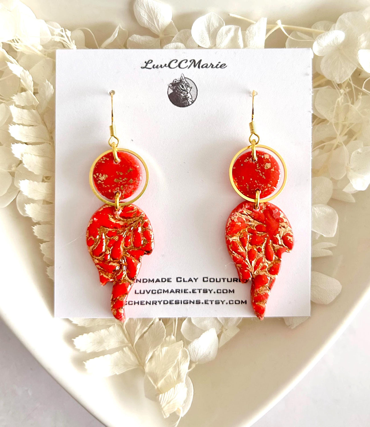 Fire Year Earrings, Red and Gold Flames, Lightweight Clay Drop Dangles