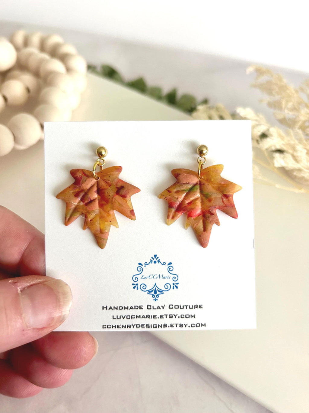 Maple Leaf Dangle Earrings, Clay Stud Dangles, Handmade Multicolor Fall Jewelry