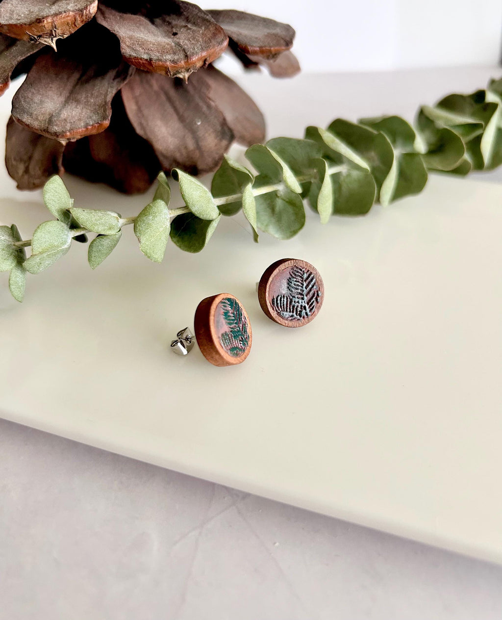 Handmade Pine Cone Stud Earrings: Wood & Clay Fall Boho Jewelry