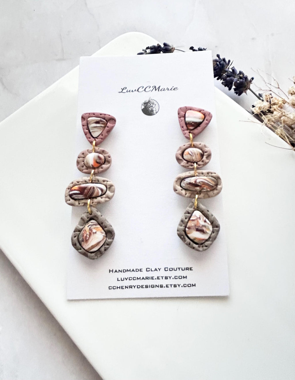 Neutral Stone Statement Dangles, Beige, Brown, Orange, White, Handmade Clay Post Earrings