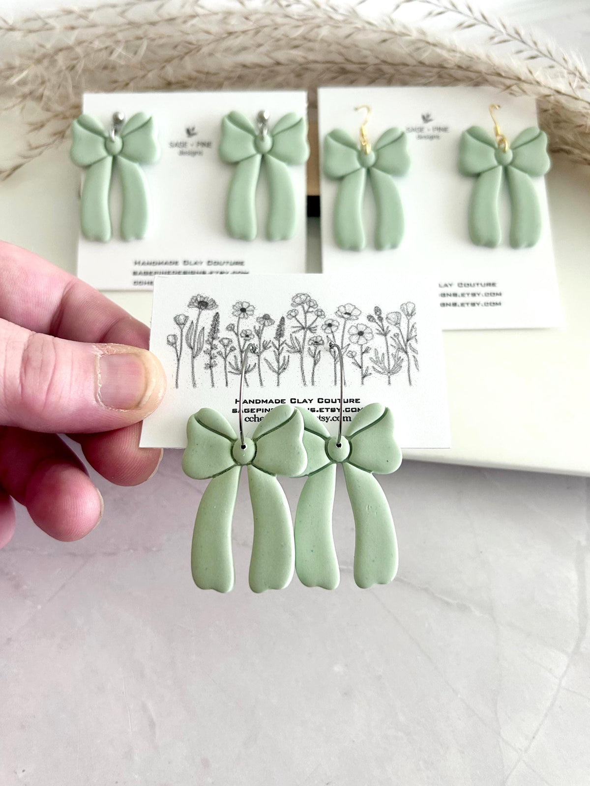 Sage Green Bow Earrings, Fall Statement Hoop Dangles, Boho Clay Handmade Jewelry