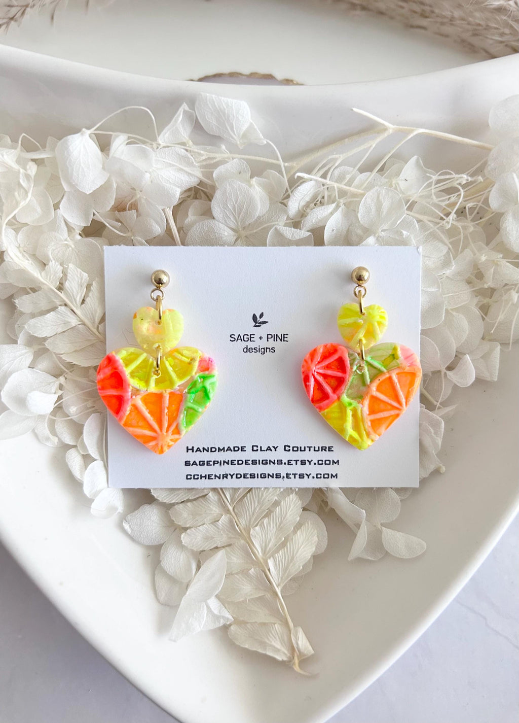 Neon Orange Heart Earrings, Grapefruit, Lemon, Lime, Unique Handcrafted Dangles, 90s Statement Clay Jewelry