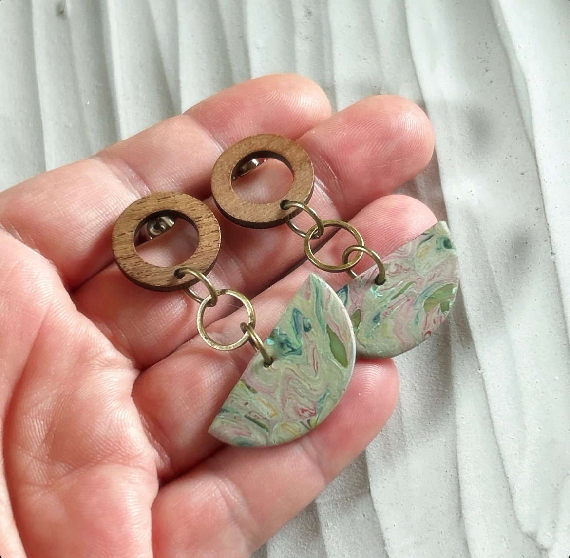 Olive Green Boho Earrings, Clay and Wood Marbled Dangles, Handmade Jewelry Gift For Her