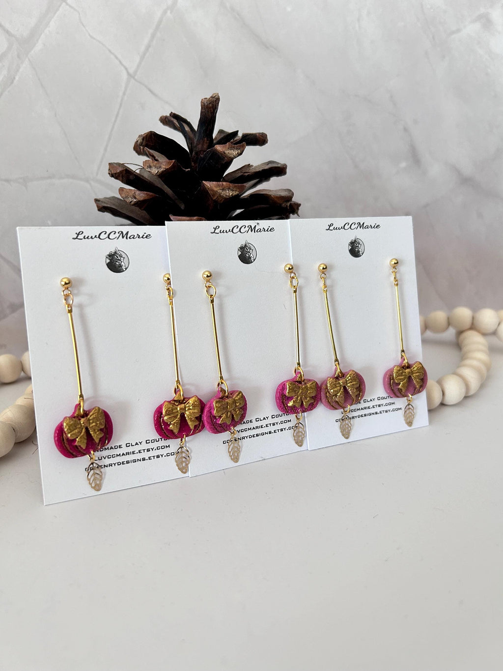 Handmade Pink Pumpkin Earrings: Gold Bow Clay Dangles